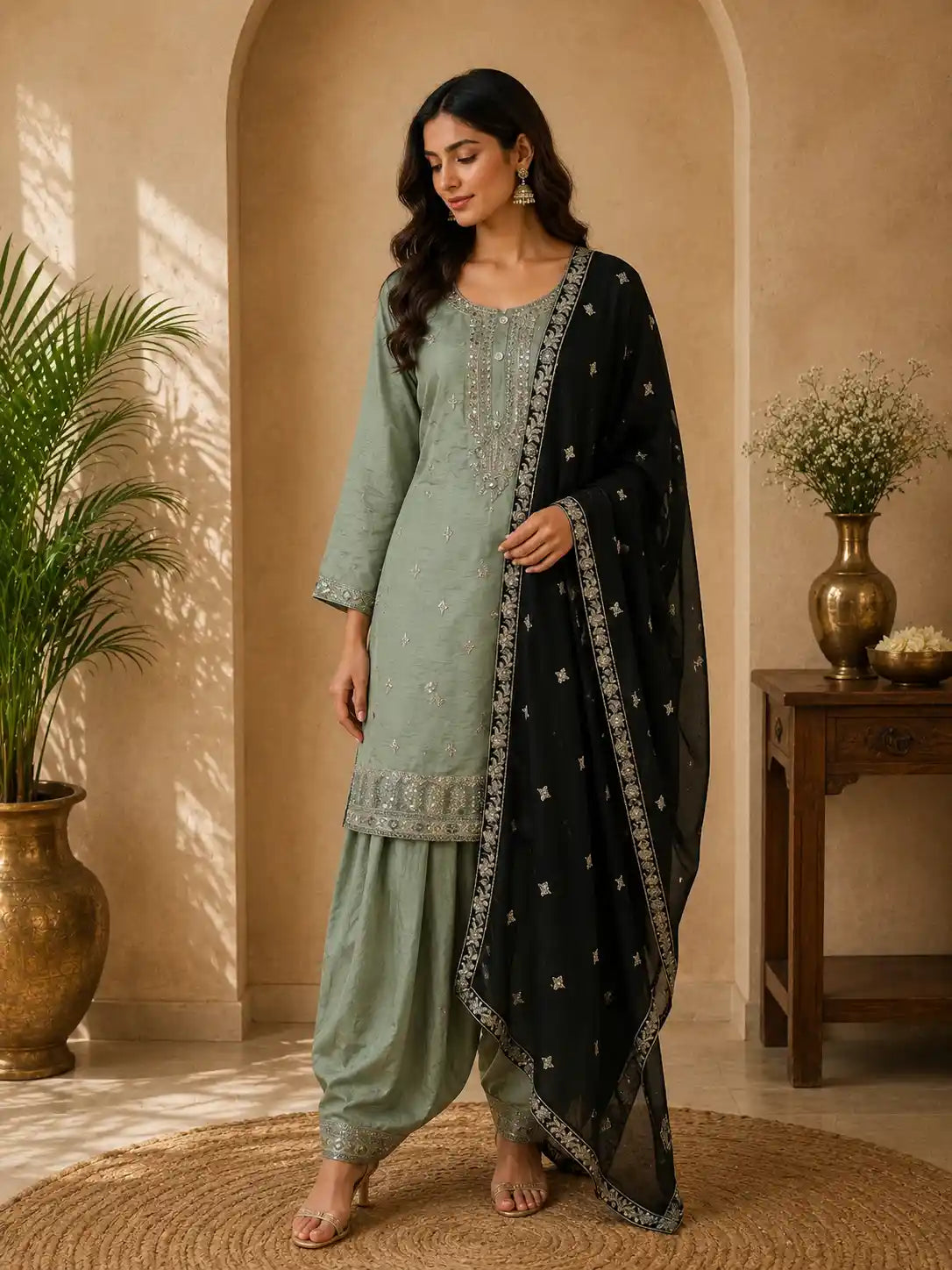 Soft Sage Green Floral Embellished Design Silk Palazzo Suit with Contrast Dupatta