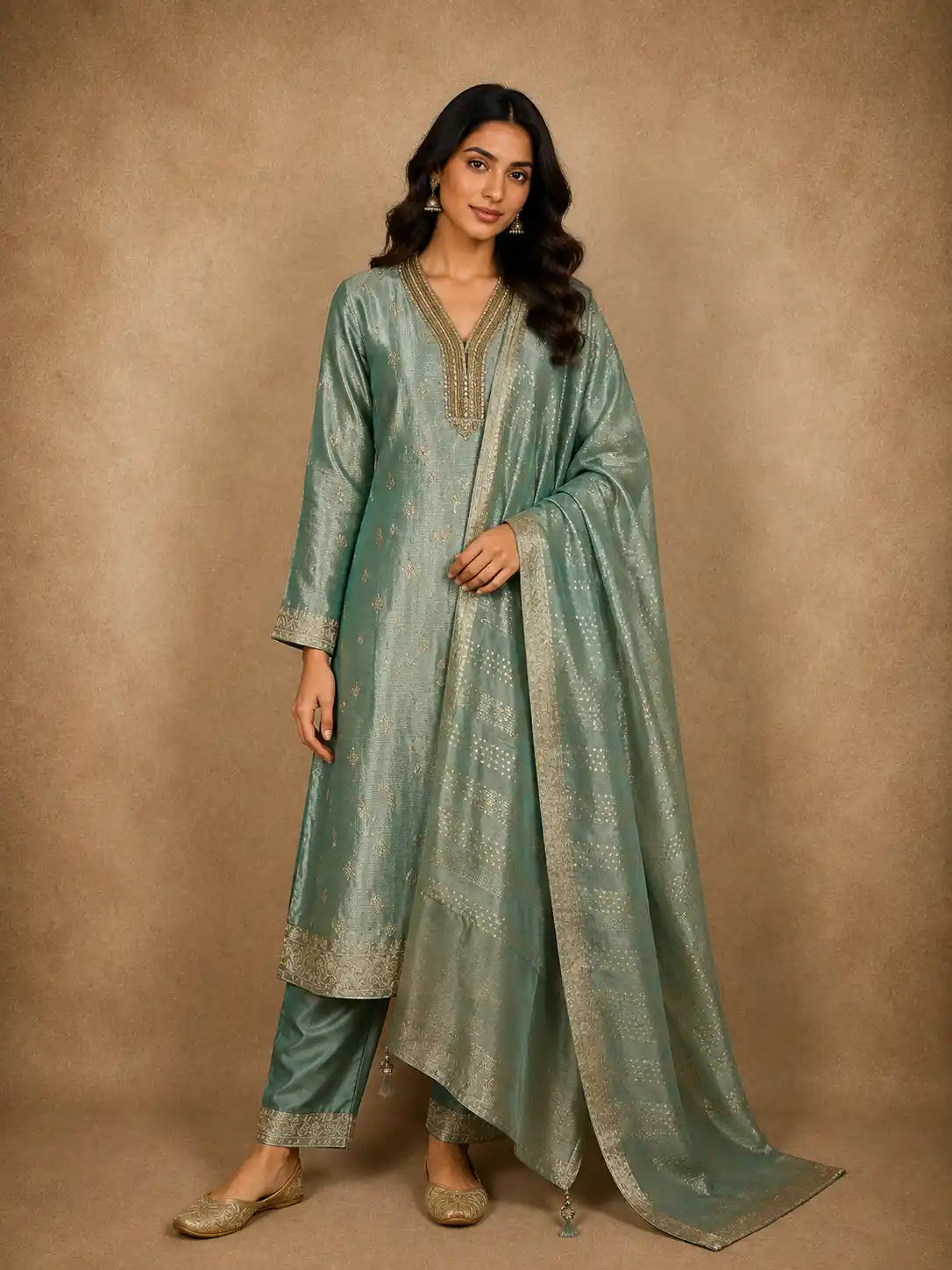 Soft Sage Green Floral Zari Embroidered Design Tissue Salwar Suit with Dupatta