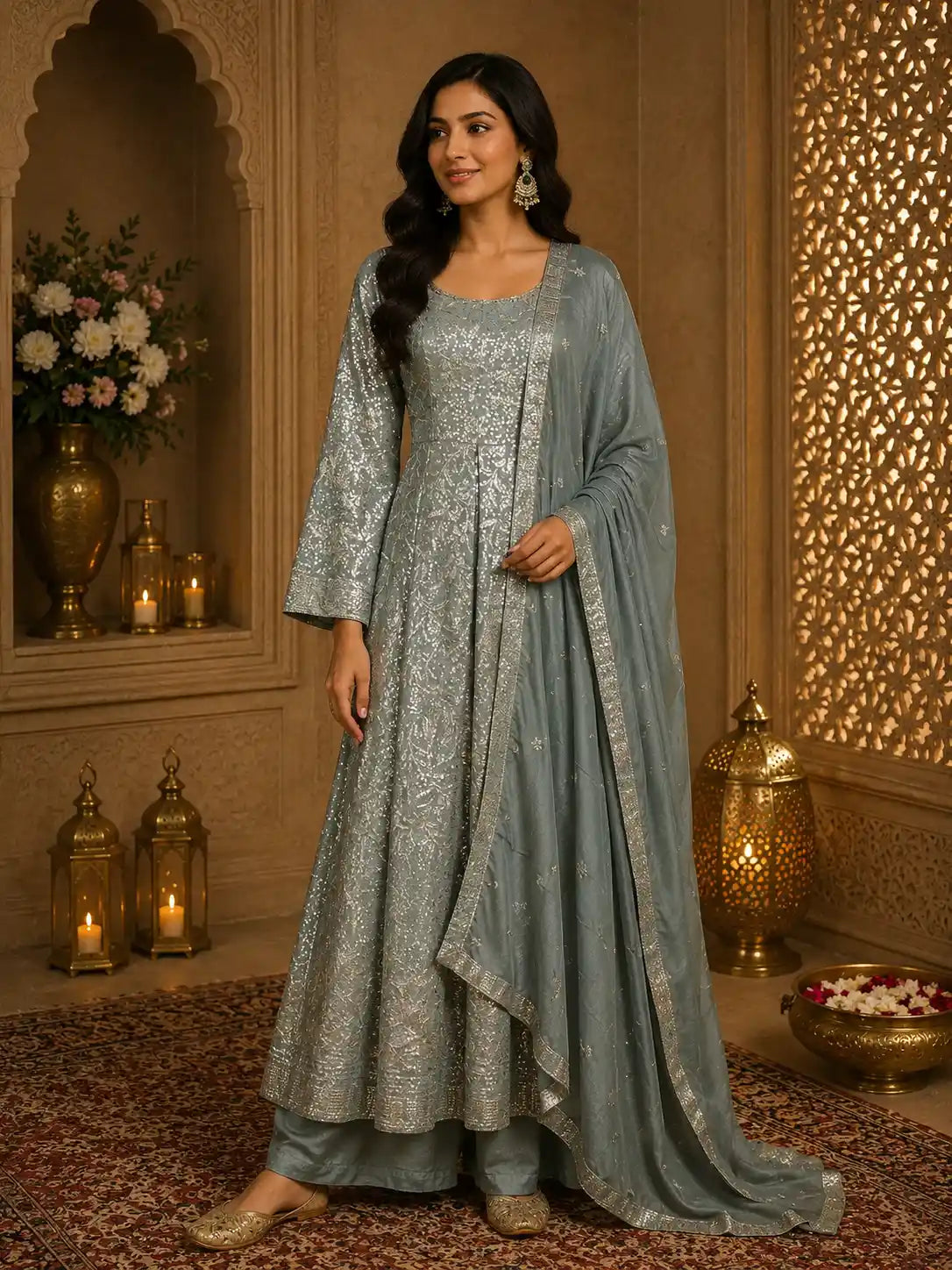 Soft Sage Grey Leaf Sequins Embroidered Design Georgette Palazzo Suit with Dupatta