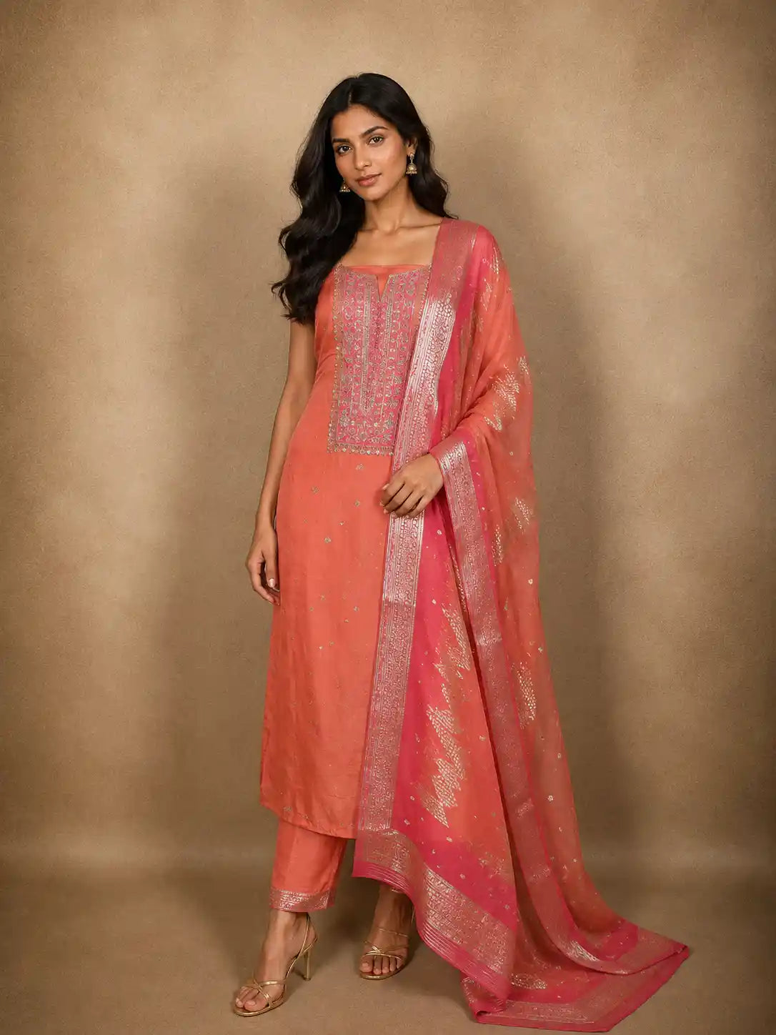 Soft Salmon Peach Floral Sequins and Zardozi Embroidered Design Tissue Unstitched Salwar Material with Dupatta