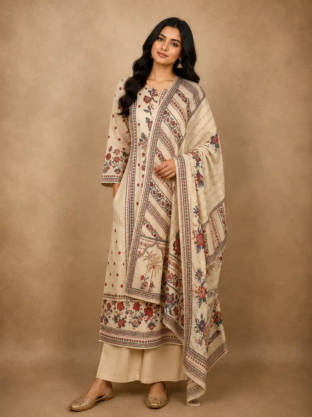 Soft Sand Beige Floral Beads Embroidered Design Cotton Salwar Suit with Dupatta