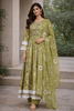 Olive Green Floral Printed Cotton Anarkali Suit with Dupatta