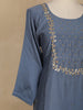 Steel Blue Floral Embroidered Design Semi Silk Salwar Suit