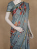 Steel Blue Floral Printed Cotton Saree with Subtle Golden Zari Border