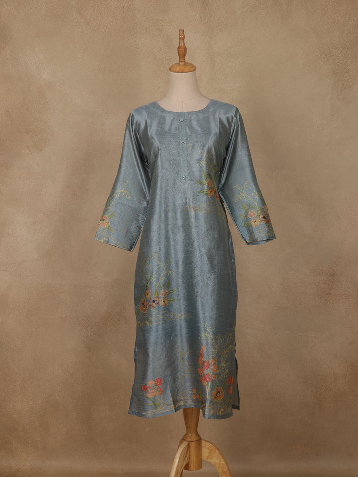 Steel Blue Floral Printed Rayon Kurti - Diadem