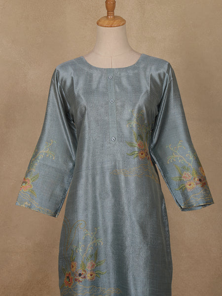 Steel Blue Floral Printed Rayon Kurti - Diadem
