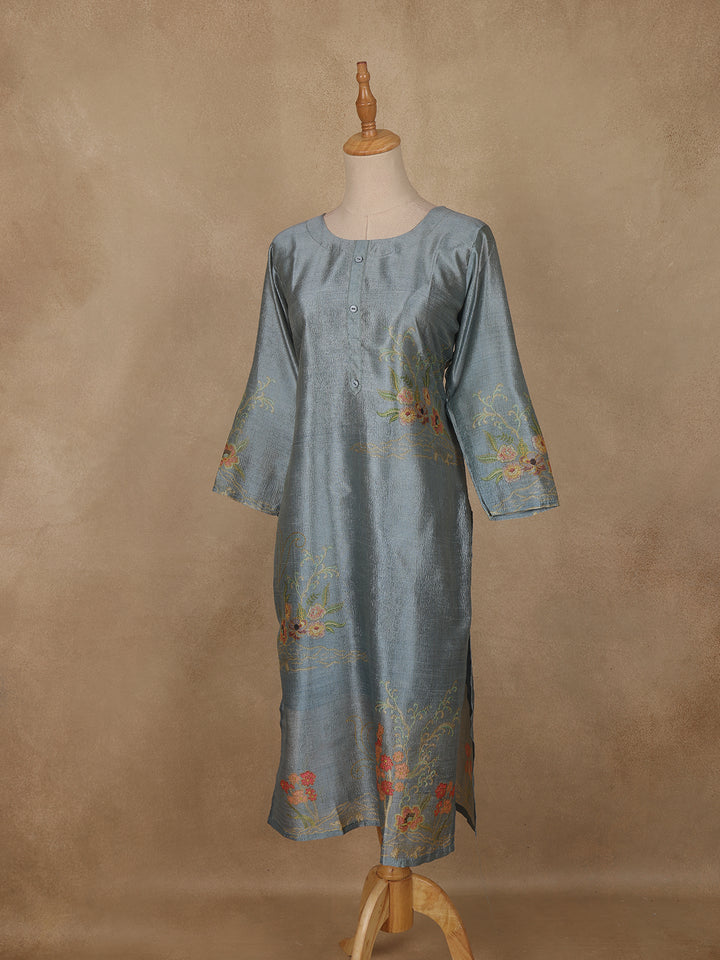 Steel Blue Floral Printed Rayon Kurti - Diadem