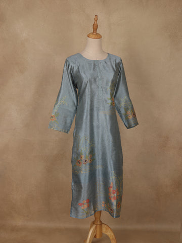 Steel Blue Floral Printed Rayon Kurti - Diadem
