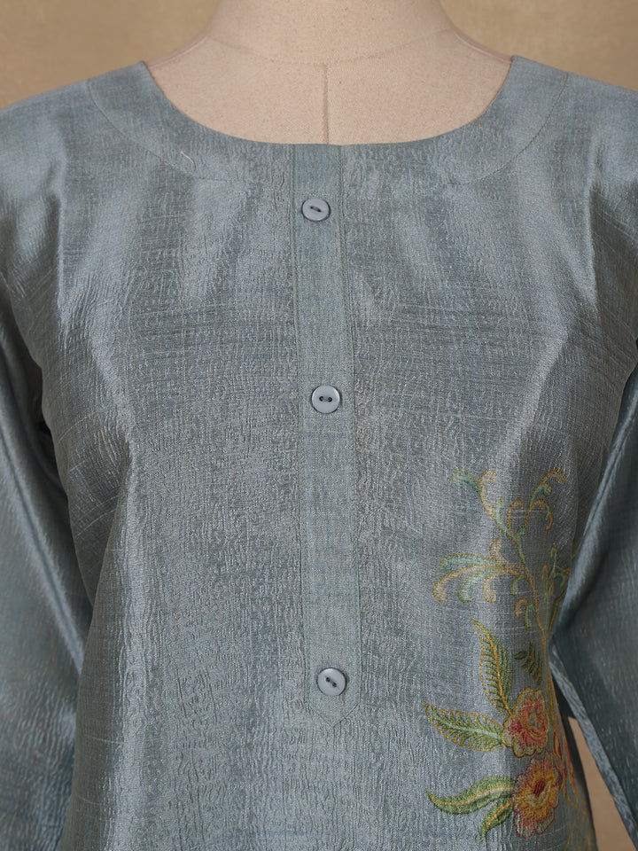 Steel Blue Floral Printed Rayon Kurti - Diadem