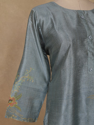 Steel Blue Floral Printed Rayon Kurti - Diadem