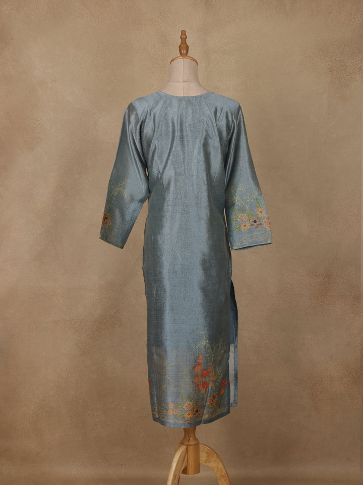 Steel Blue Floral Printed Rayon Kurti - Diadem