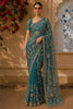 Steel Blue Floral Vine Sequins Embroidered Design Net Party Wear Saree with Designer Border