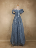 Steel Blue Heavy Sequins Embroidered Design Off-Shoulder Net Party Wear Gown