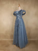 Steel Blue Heavy Sequins Embroidered Design Off-Shoulder Net Party Wear Gown
