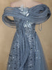 Steel Blue Heavy Sequins Embroidered Design Off-Shoulder Net Party Wear Gown