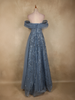 Steel Blue Heavy Sequins Embroidered Design Off-Shoulder Net Party Wear Gown