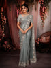 Steel Blue Heavy Sequins and Beads Embroidered Design Pure Organza Party Wear Saree with Designer Border