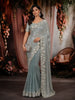 Steel Blue Heavy Sequins and Beads Embroidered Design Pure Organza Party Wear Saree with Designer Border