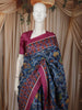 Steel Blue Ikat Printed Design Pure Tussar Fancy Saree with Contrast Border