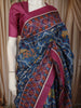 Steel Blue Ikat Printed Design Pure Tussar Fancy Saree with Contrast Border