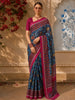 Steel Blue Ikat Printed Design Pure Tussar Fancy Saree with Contrast Border