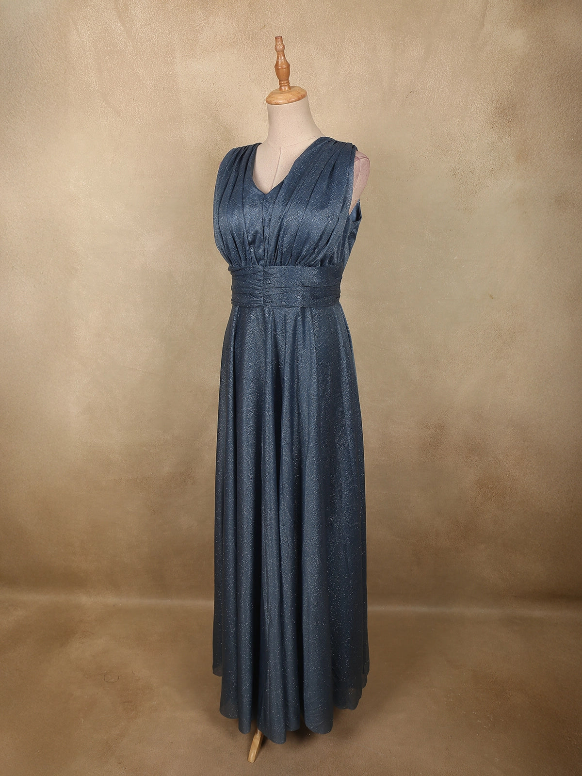 Steel Blue Solid Design Shimmer Pleated Party Wear Gown