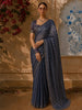 Steel Blue Striped Woven Design Pure Tissue Silk Fancy Saree with Scalloped Border