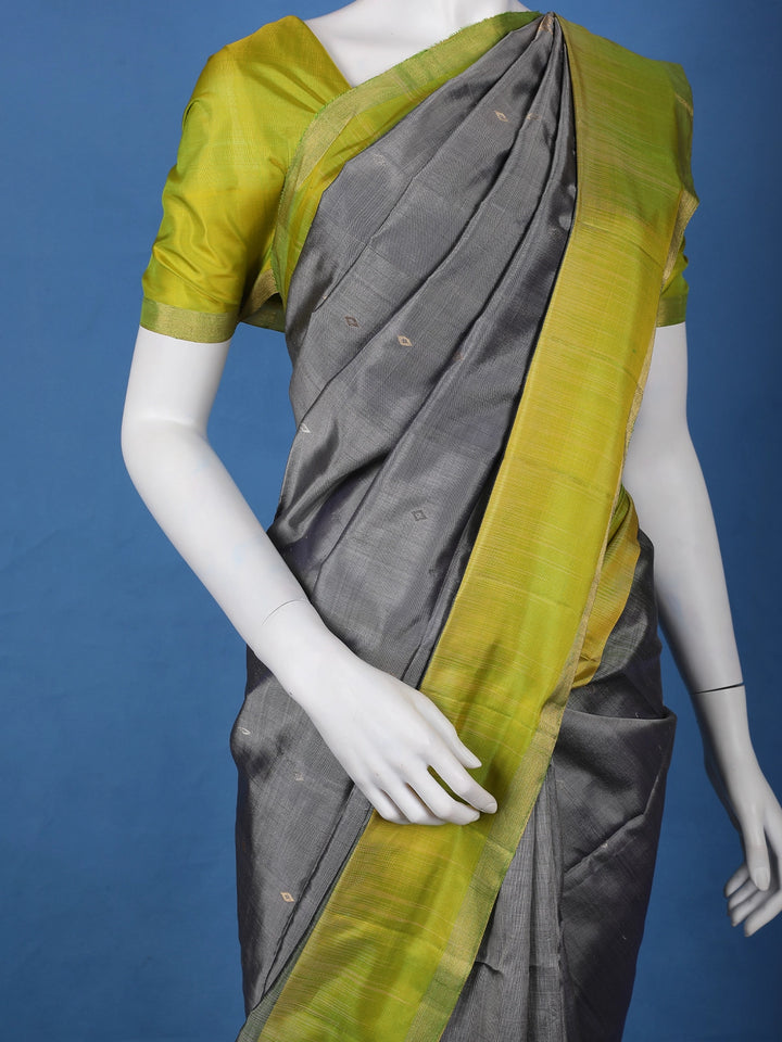 Steel Grey Diamond motifs Zari Woven Soft Silk Saree - Diadem