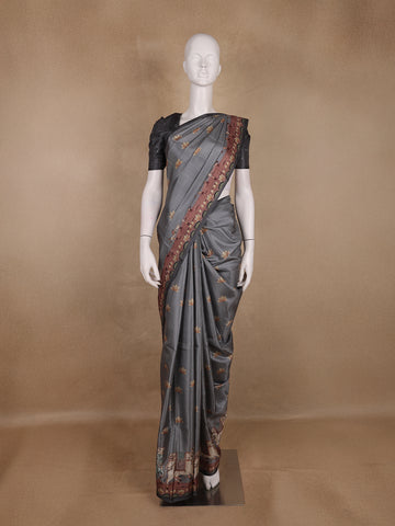 Steel Grey Floral Design Tussar Silk Saree - Diadem