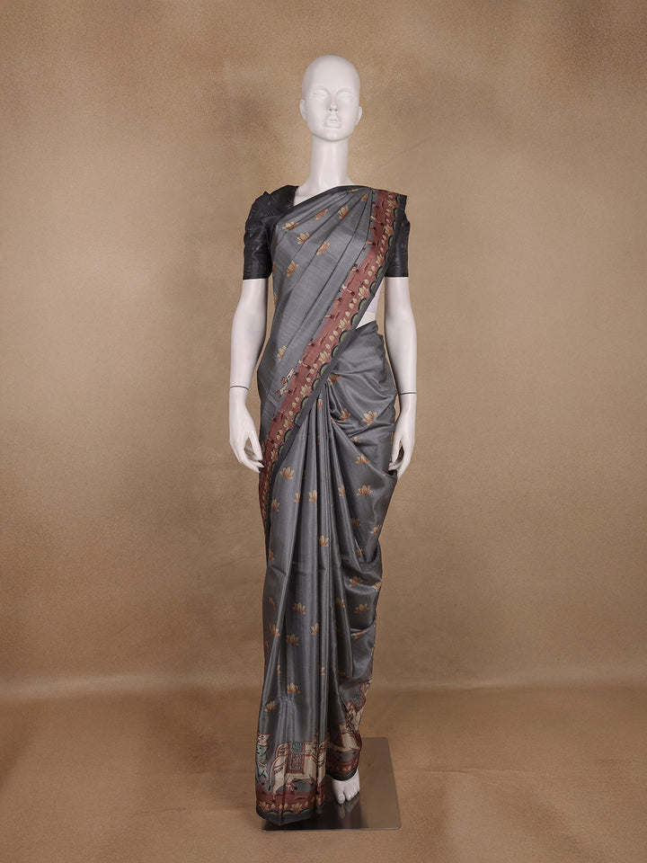 Steel Grey Floral Design Tussar Silk Saree - Diadem