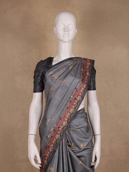 Steel Grey Floral Design Tussar Silk Saree - Diadem
