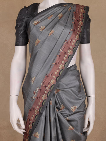 Steel Grey Floral Design Tussar Silk Saree - Diadem