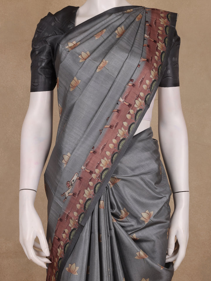 Steel Grey Floral Design Tussar Silk Saree - Diadem