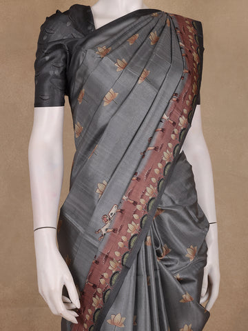 Steel Grey Floral Design Tussar Silk Saree - Diadem