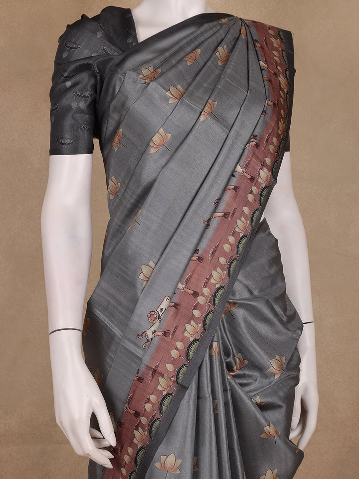Steel Grey Floral Design Tussar Silk Saree - Diadem