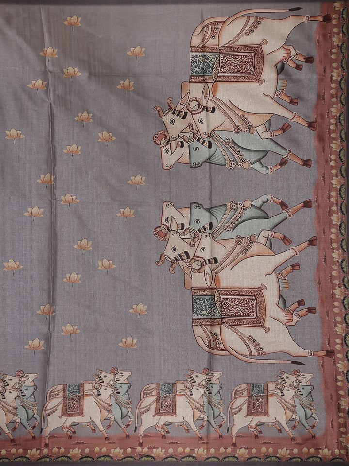 Steel Grey Floral Design Tussar Silk Saree - Diadem