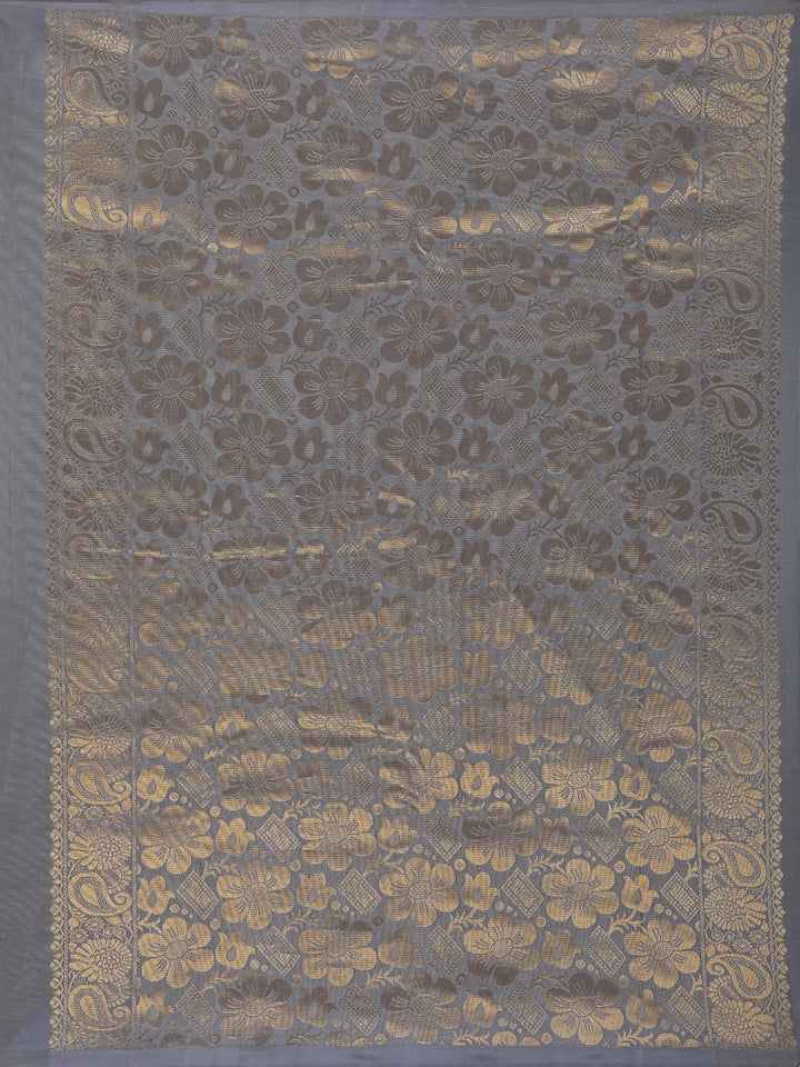 Steel Grey Floral Design Zari Woven Soft Silk Saree - Diadem