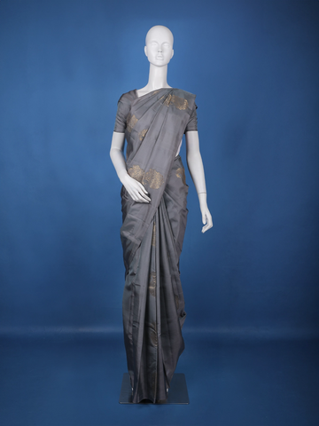 Steel Grey Floral Design Zari Woven Soft Silk Saree - Diadem
