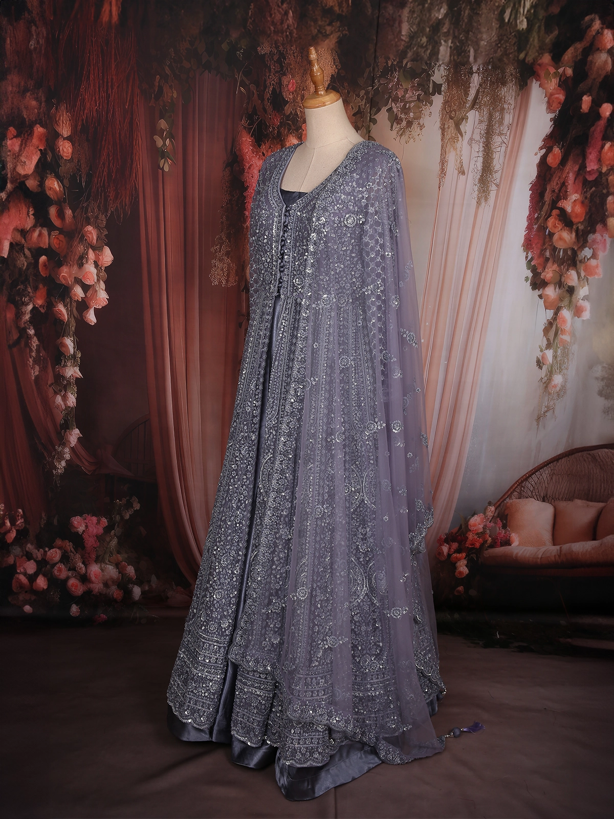 Steel Grey Heavy Sequins and Thread Embellished Design Net Engagement Gown with Net Dupatta | Diadem Steel Grey Heavy Sequins and Thread Embellished Design Net Engagement Gown with Net Dupatta | Diadem