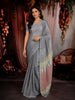 Steel Grey Solid Woven Design Pure Tissue Silk Party Wear Saree with Scalloped Border