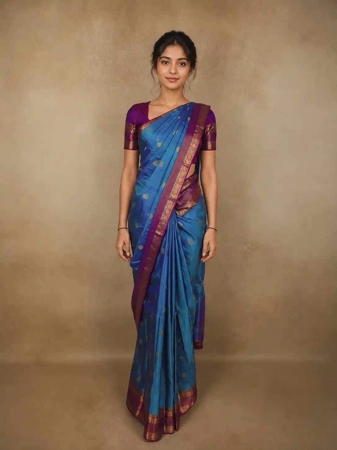 Steel Blue Peacock Butta Woven Design Kanchipuram Silk Saree with Contrast Zari Border