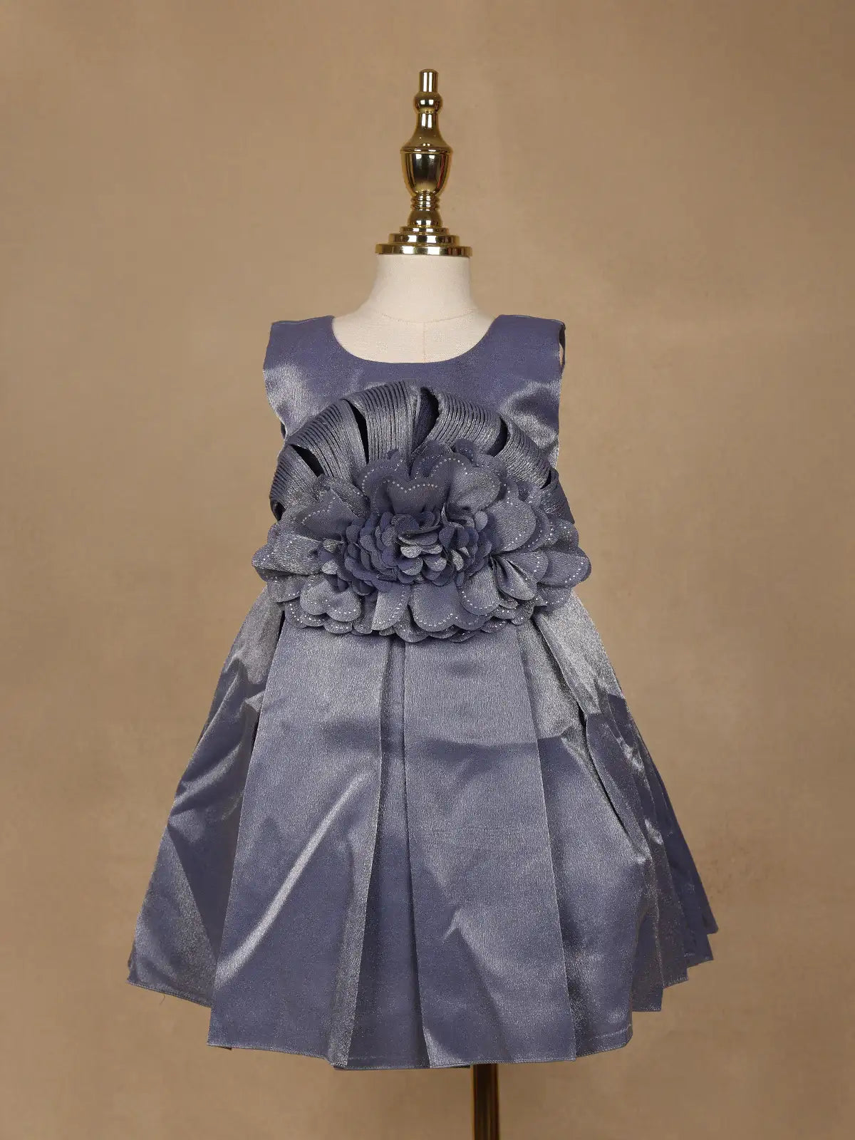 Steel Blue Satin Party Frock with Oversized 3D Flower Embellishment - Diadem