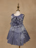 Steel Blue Satin Party Frock with Oversized 3D Flower Embellishment - Diadem