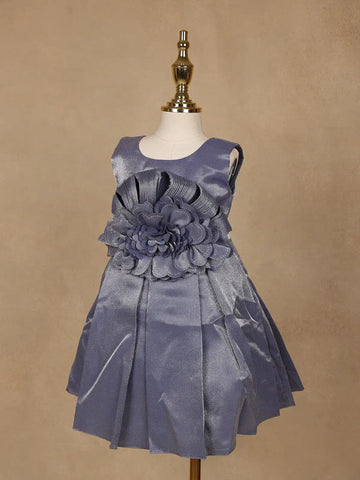 Steel Blue Satin Party Frock with Oversized 3D Flower Embellishment - Diadem