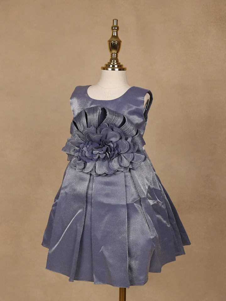 Steel Blue Satin Party Frock with Oversized 3D Flower Embellishment - Diadem