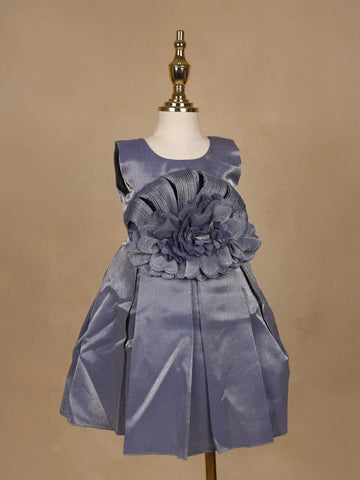 Steel Blue Satin Party Frock with Oversized 3D Flower Embellishment - Diadem