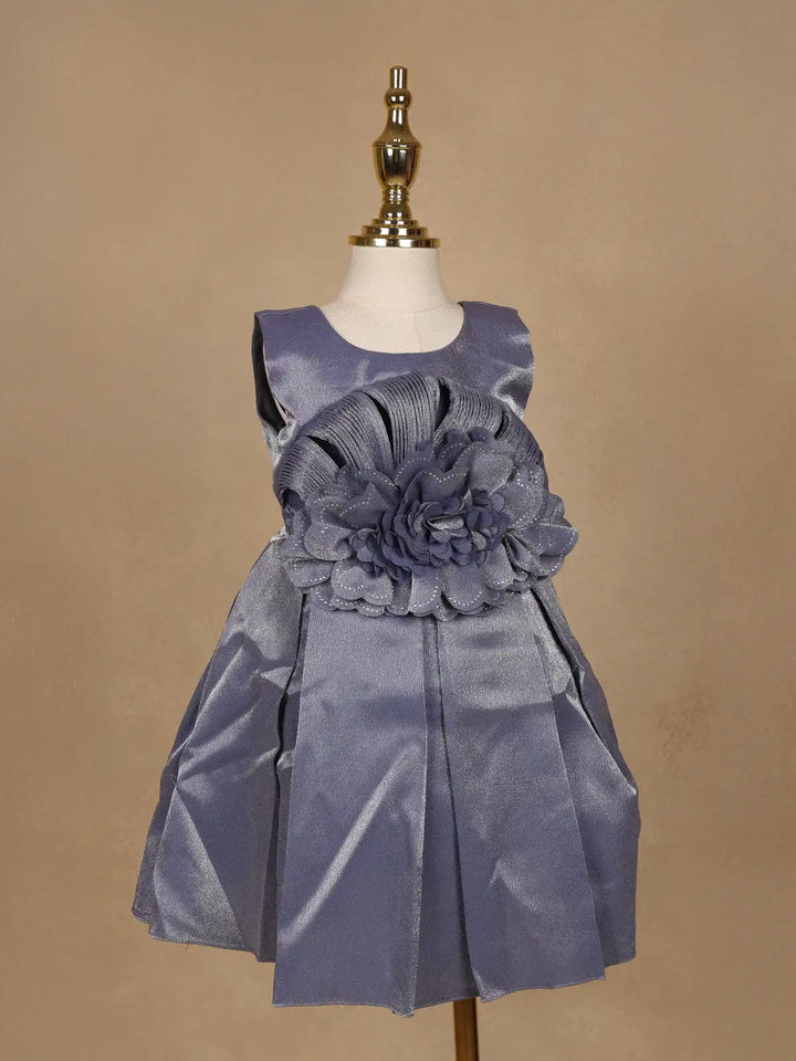 Steel Blue Satin Party Frock with Oversized 3D Flower Embellishment - Diadem