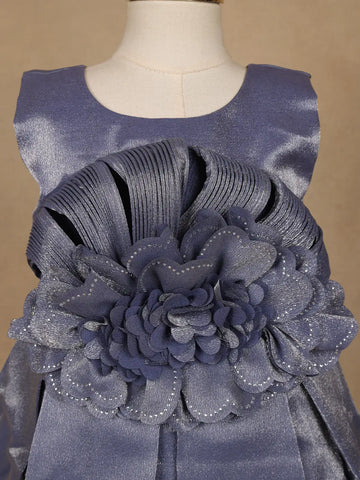 Steel Blue Satin Party Frock with Oversized 3D Flower Embellishment - Diadem