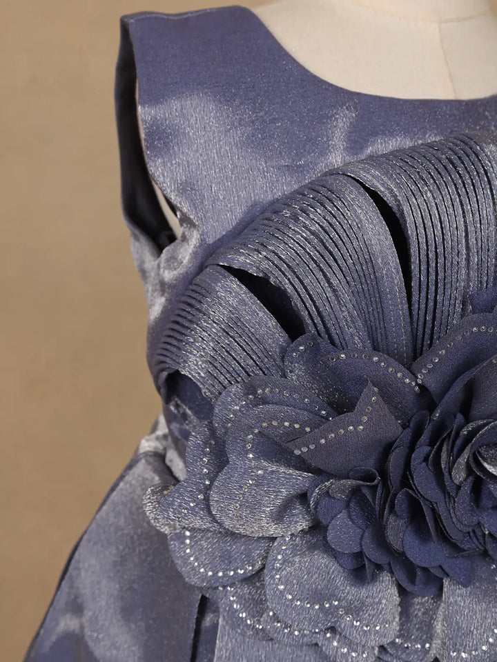Steel Blue Satin Party Frock with Oversized 3D Flower Embellishment - Diadem