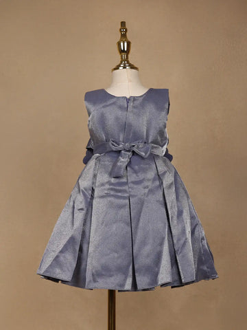 Steel Blue Satin Party Frock with Oversized 3D Flower Embellishment - Diadem